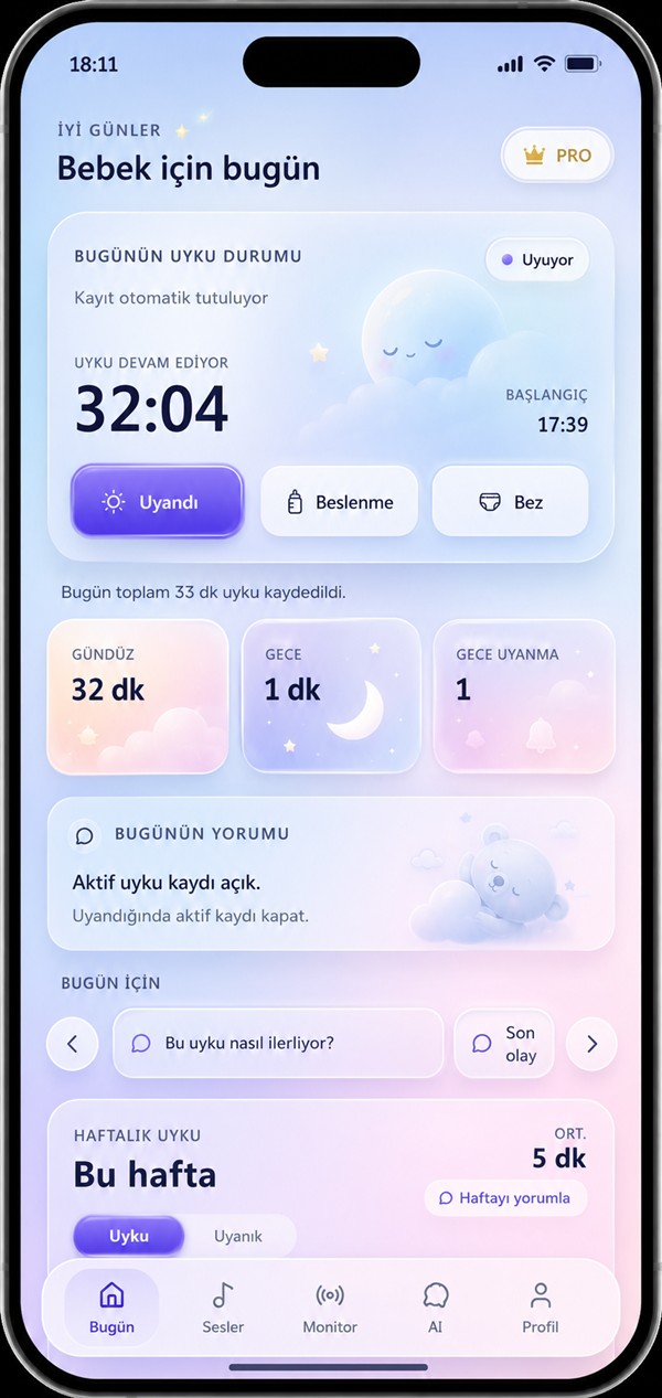 BabySleep AI uygulamasında bugünün uyku durumu, bakım kayıtları ve haftalık uyku özeti